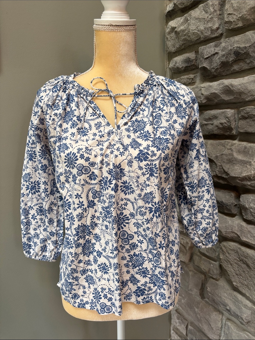 LOFT Blue and White Floral Tie-Neck Peasant Blouse